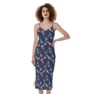 Blue Axolotl Pattern Print Slim Fit Midi Cami Dress