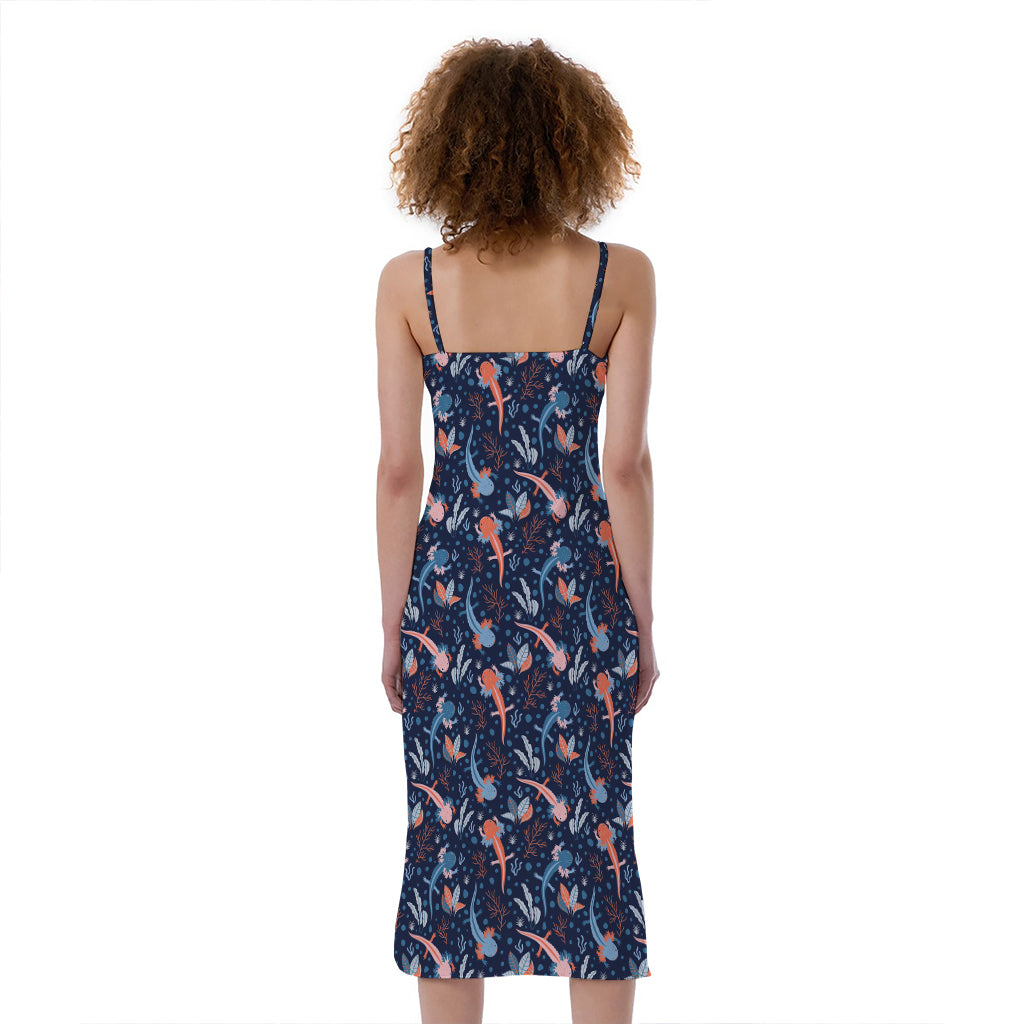 Blue Axolotl Pattern Print Slim Fit Midi Cami Dress