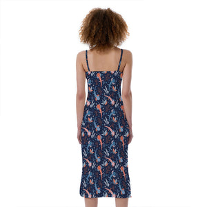 Blue Axolotl Pattern Print Slim Fit Midi Cami Dress