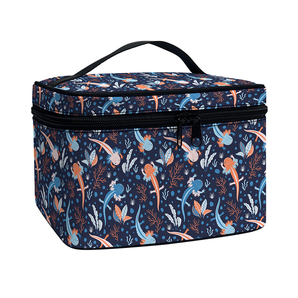 Blue Axolotl Pattern Print Travel Makeup Bag