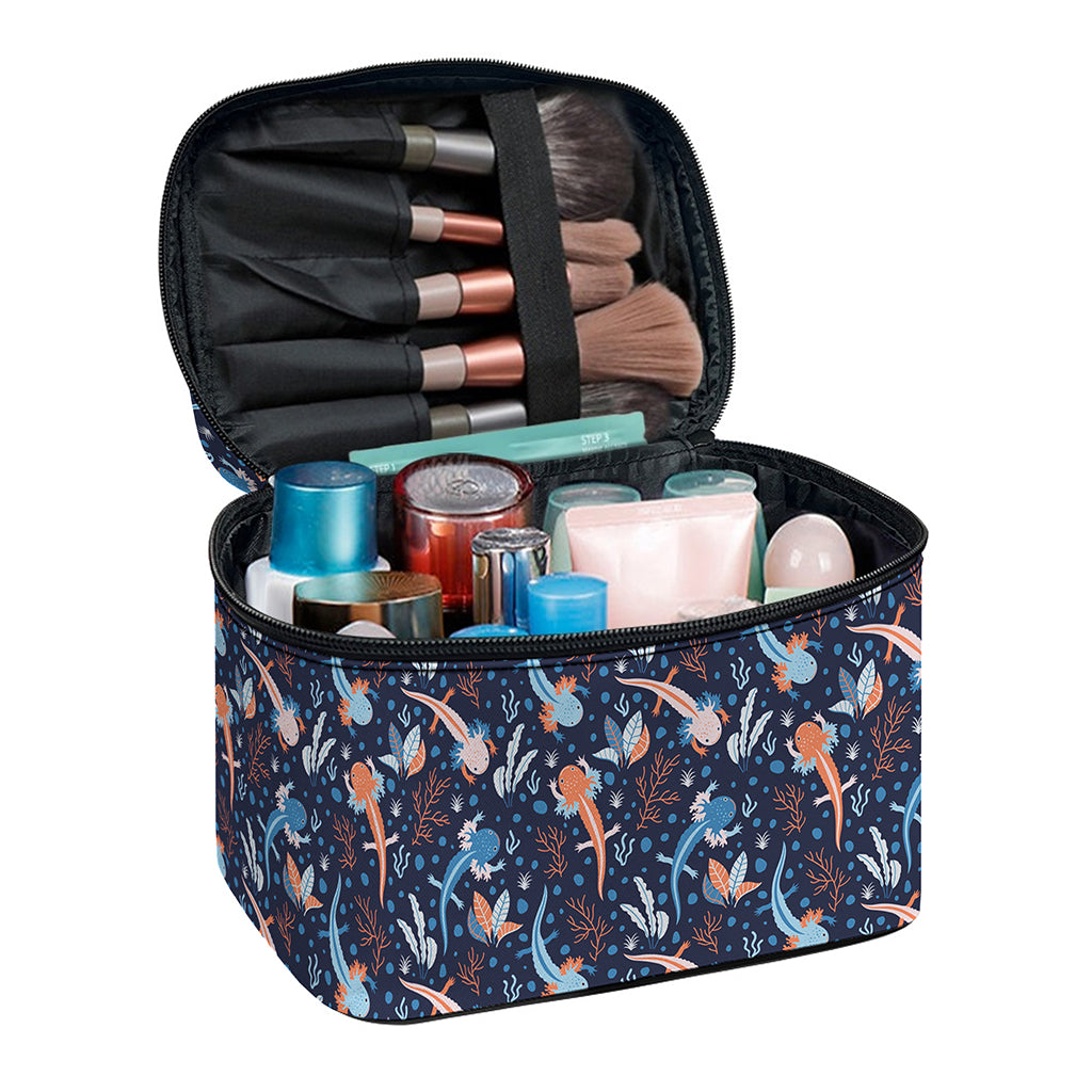 Blue Axolotl Pattern Print Travel Makeup Bag