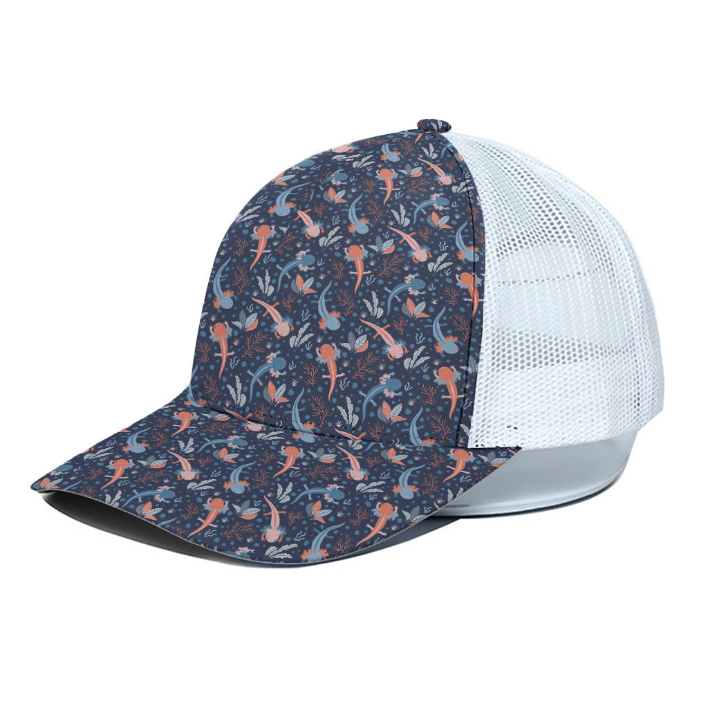 Blue Axolotl Pattern Print White Mesh Trucker Cap