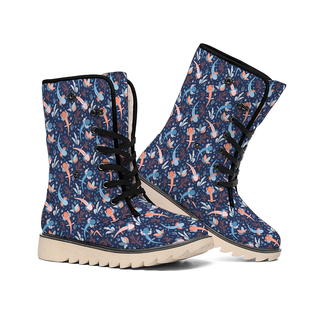 Blue Axolotl Pattern Print Winter Boots