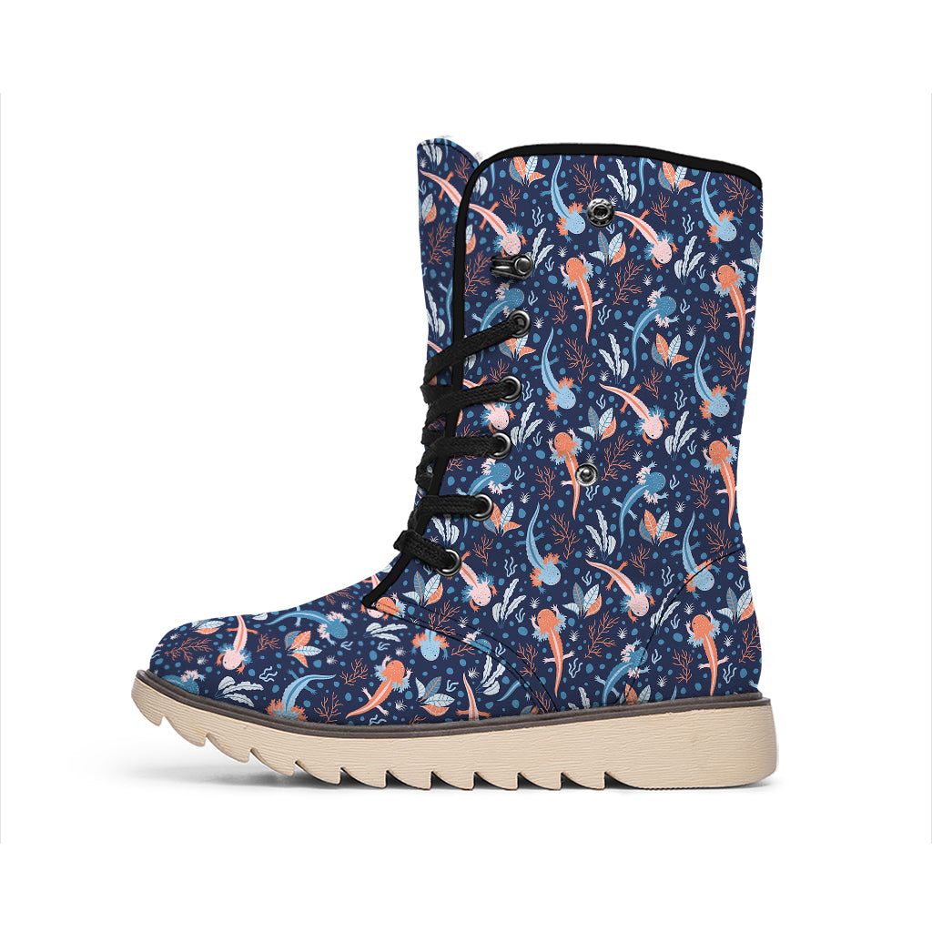 Blue Axolotl Pattern Print Winter Boots