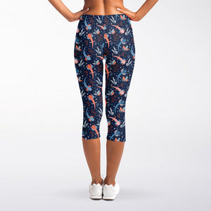 Blue Axolotl Pattern Print Women's Capri Leggings