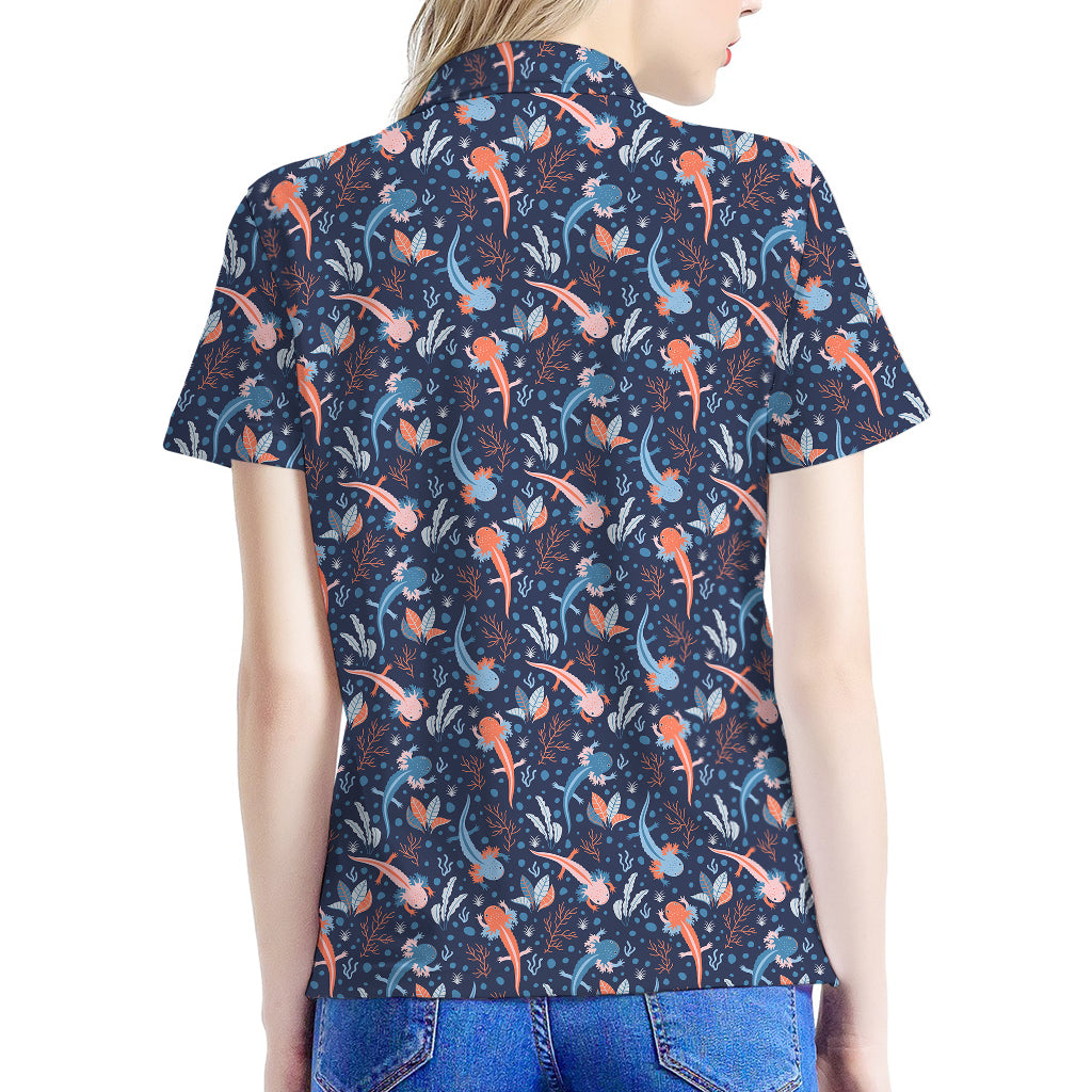 Blue Axolotl Pattern Print Women's Polo Shirt