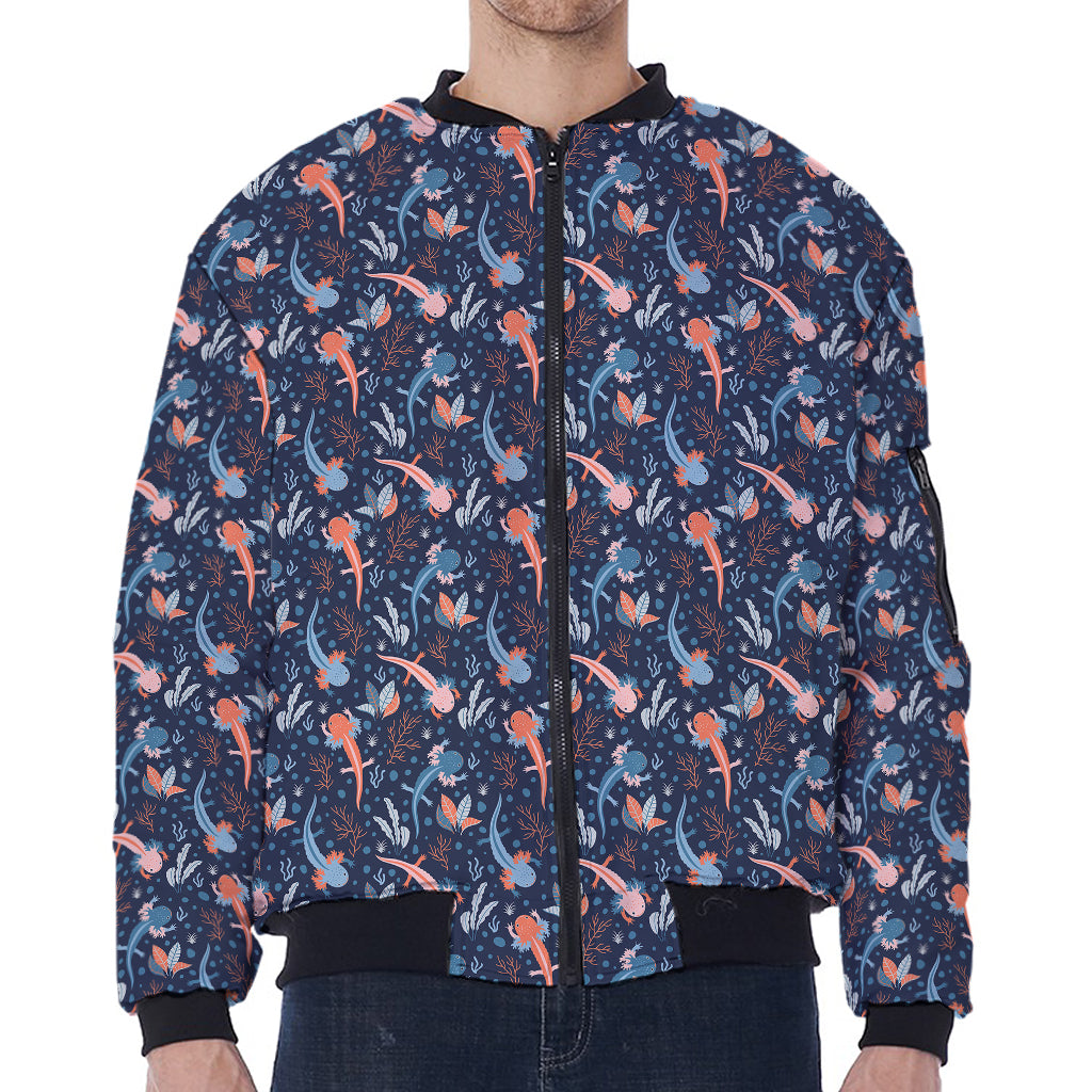 Blue Axolotl Pattern Print Zip Sleeve Bomber Jacket