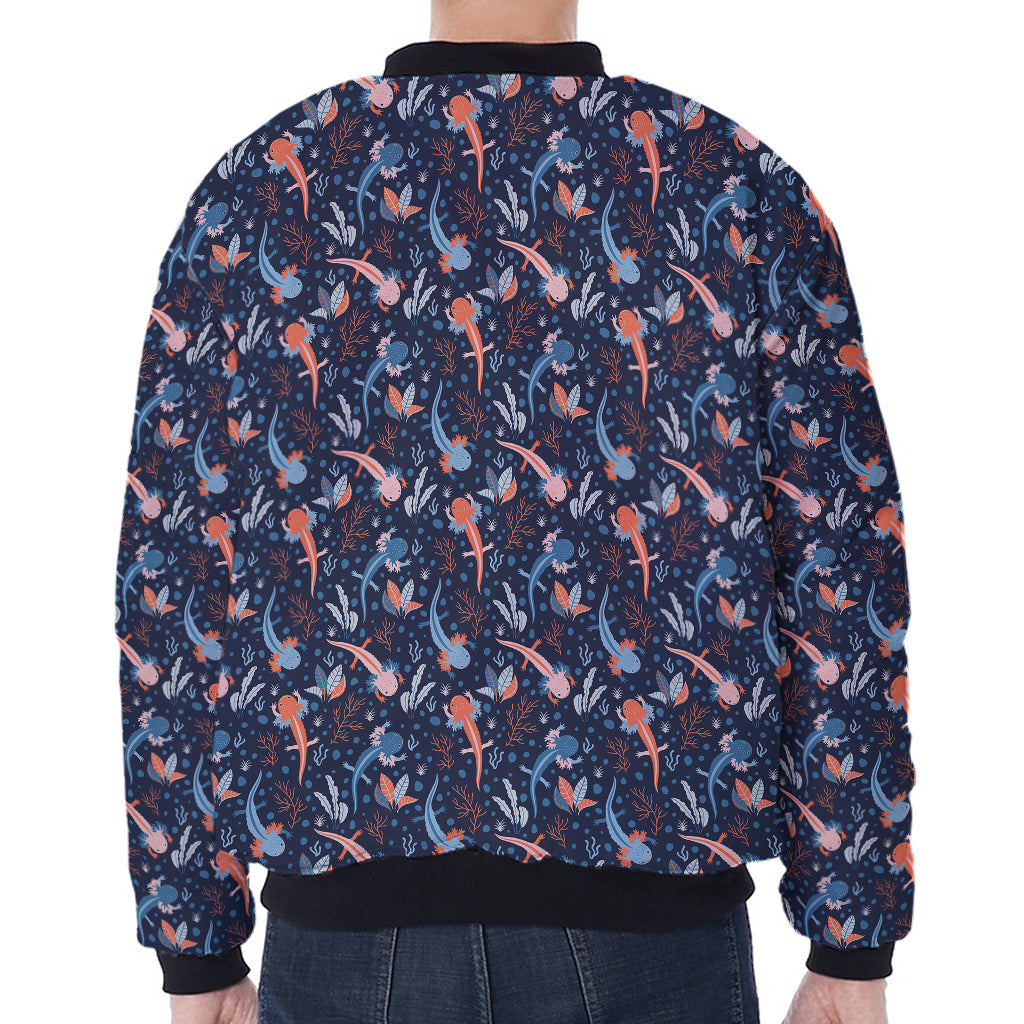 Blue Axolotl Pattern Print Zip Sleeve Bomber Jacket