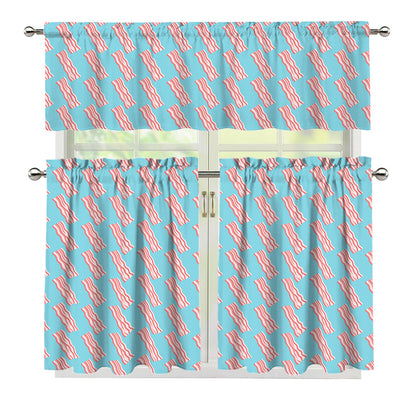 Blue Bacon Pattern Print 3 Piece Kitchen Curtains