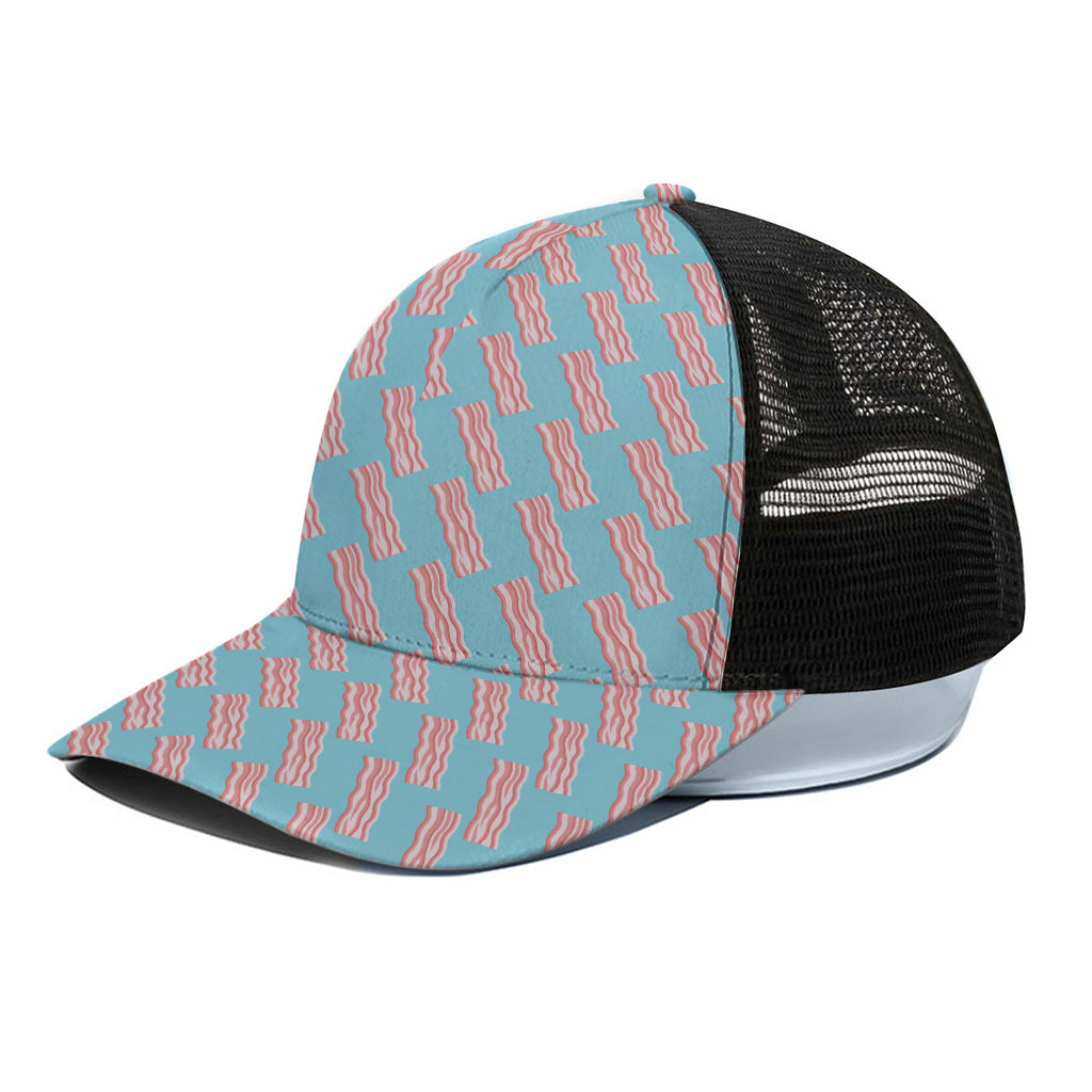 Blue Bacon Pattern Print Black Mesh Trucker Cap