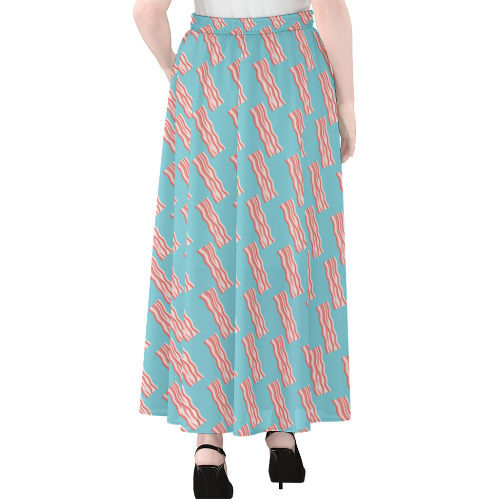 Blue Bacon Pattern Print Chiffon Maxi Skirt