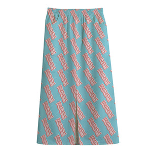 Blue Bacon Pattern Print Cotton Front Slit Maxi Skirt