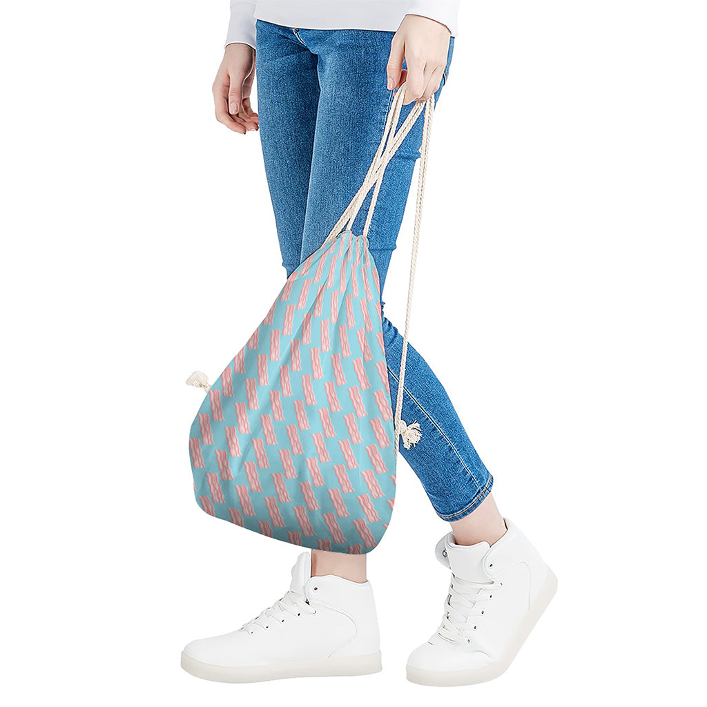 Blue Bacon Pattern Print Drawstring Bag