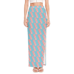 Blue Bacon Pattern Print High Slit Maxi Skirt