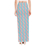 Blue Bacon Pattern Print High Slit Maxi Skirt