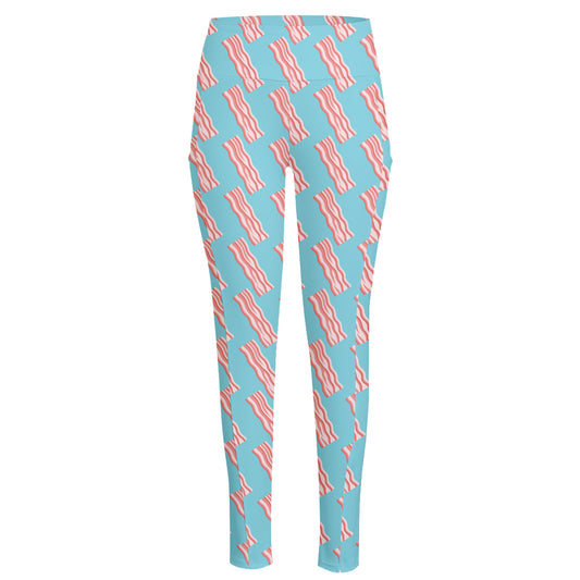 Blue Bacon Pattern Print High-Waisted Pocket Leggings