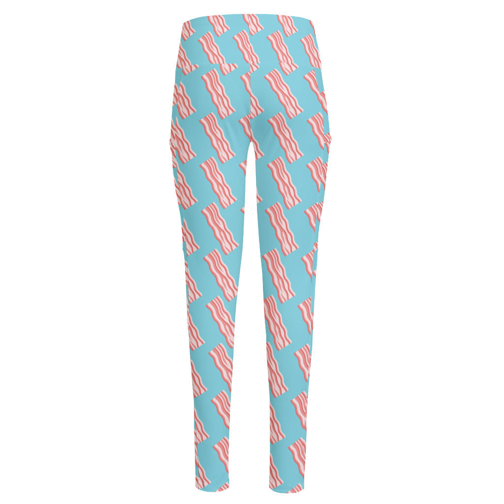 Blue Bacon Pattern Print High-Waisted Pocket Leggings