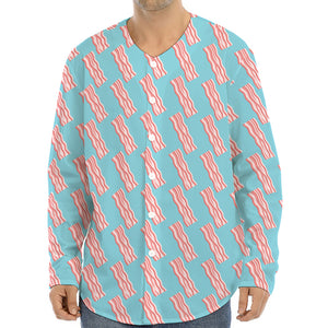 Blue Bacon Pattern Print Long Sleeve Baseball Jersey