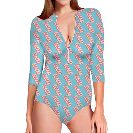 Blue Bacon Pattern Print Long Sleeve Swimsuit