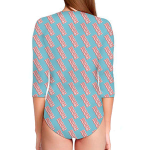 Blue Bacon Pattern Print Long Sleeve Swimsuit