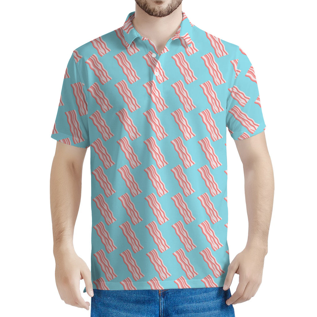 Blue Bacon Pattern Print Men's Polo Shirt