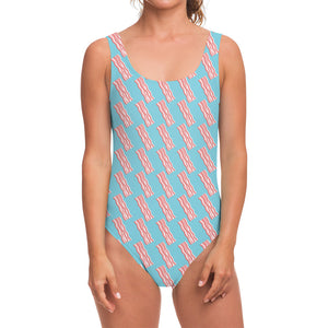 Blue Bacon Pattern Print One Piece Swimsuit