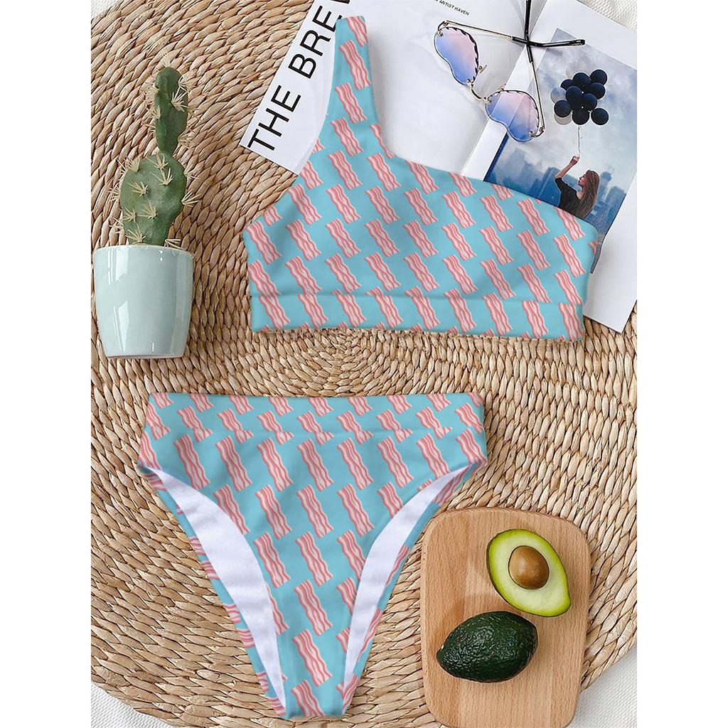 Blue Bacon Pattern Print One Shoulder Bikini Top