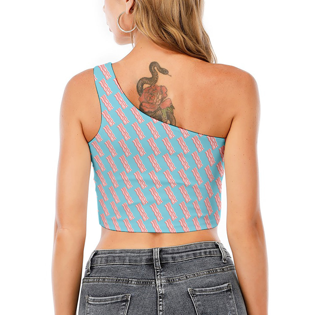 Blue Bacon Pattern Print One Shoulder Crop Top