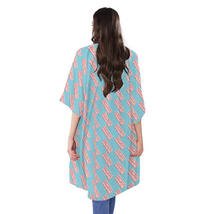 Blue Bacon Pattern Print Open Front Beach Cover Up