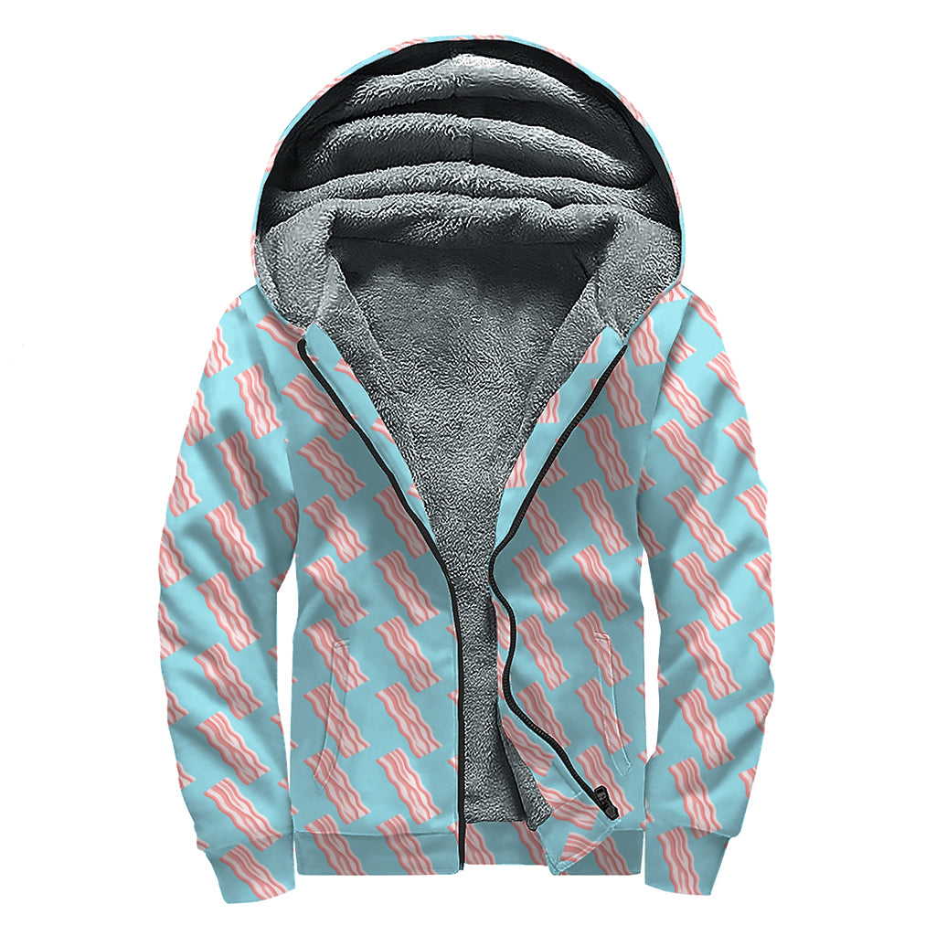 Blue Bacon Pattern Print Sherpa Lined Zip Up Hoodie