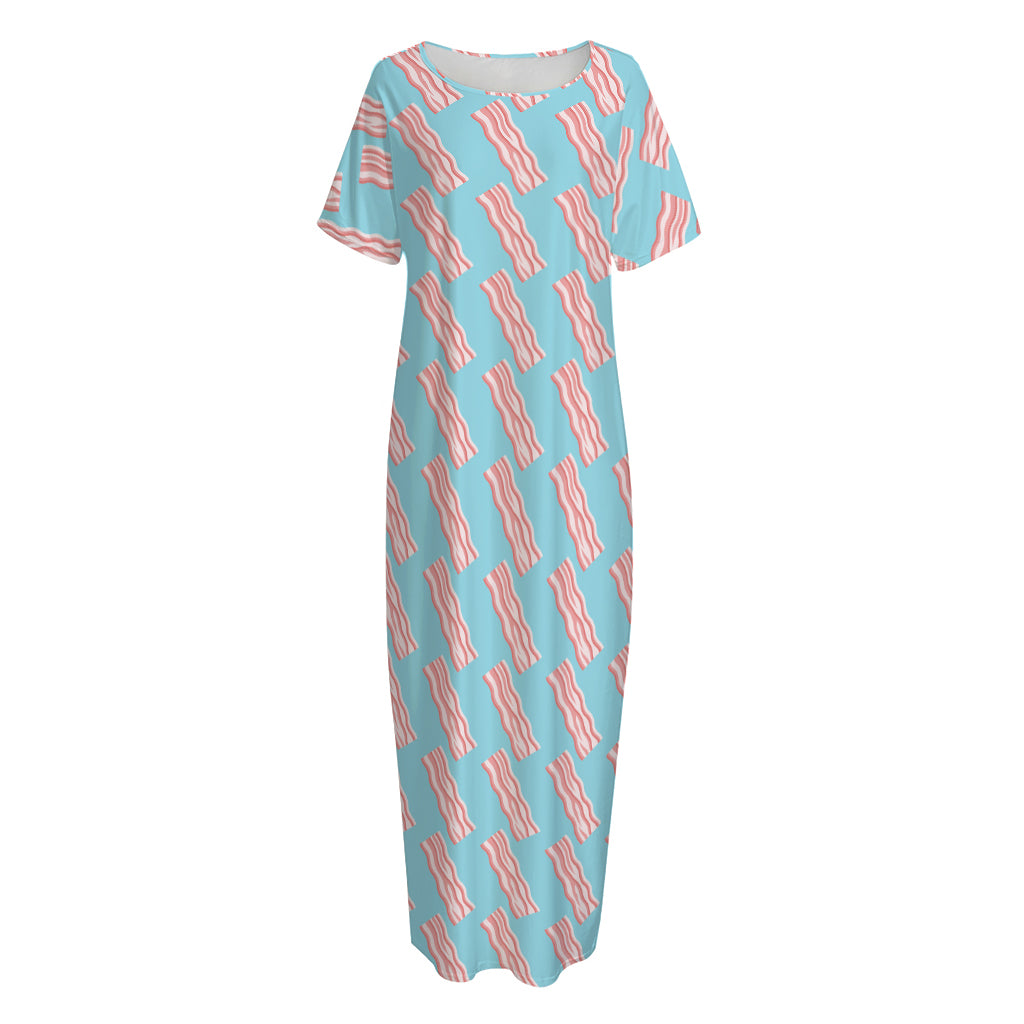 Blue Bacon Pattern Print Short Sleeve Long Nightdress