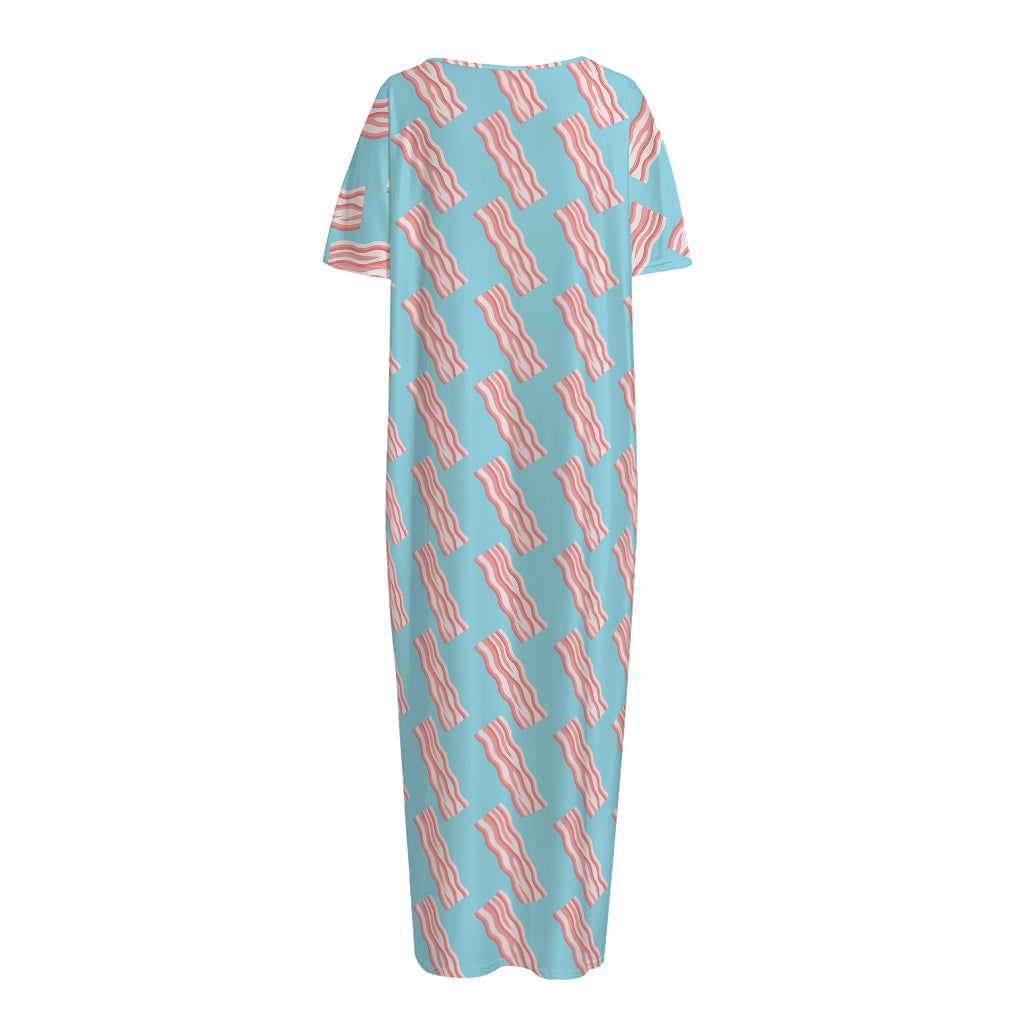 Blue Bacon Pattern Print Short Sleeve Long Nightdress