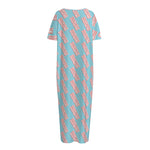 Blue Bacon Pattern Print Short Sleeve Long Nightdress