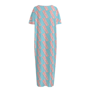 Blue Bacon Pattern Print Short Sleeve Long Nightdress