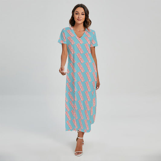 Blue Bacon Pattern Print Short Sleeve Maxi Dress