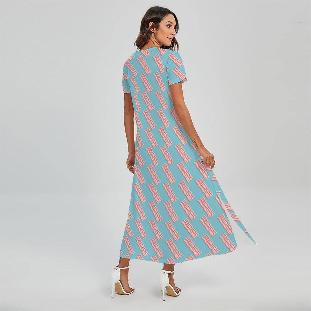 Blue Bacon Pattern Print Short Sleeve Maxi Dress