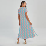 Blue Bacon Pattern Print Short Sleeve Maxi Dress