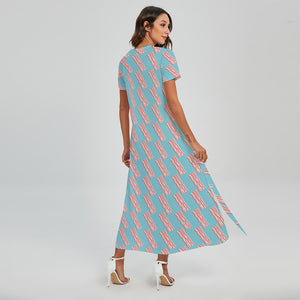 Blue Bacon Pattern Print Short Sleeve Maxi Dress