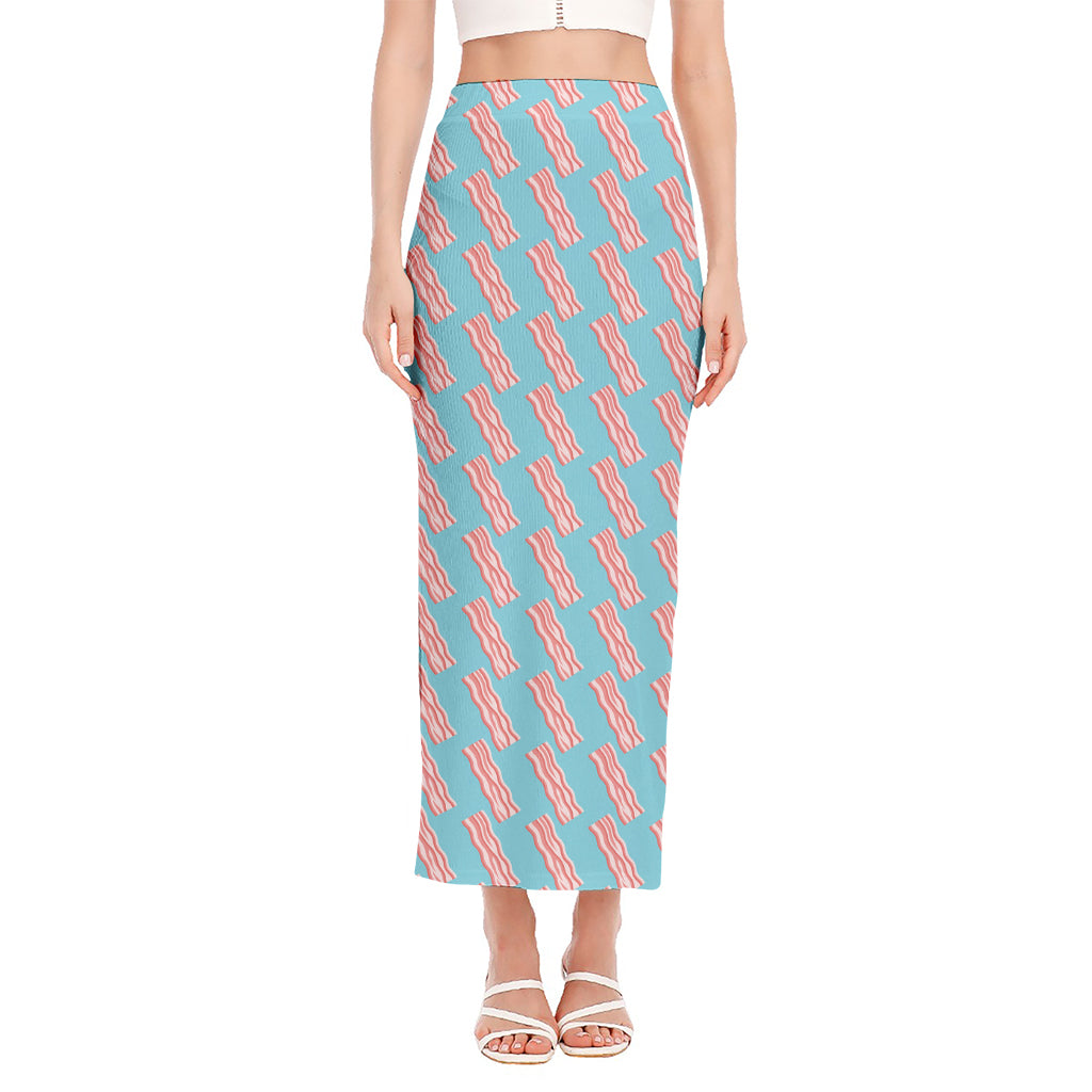 Blue Bacon Pattern Print Side Slit Maxi Skirt