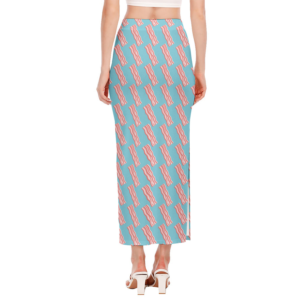 Blue Bacon Pattern Print Side Slit Maxi Skirt