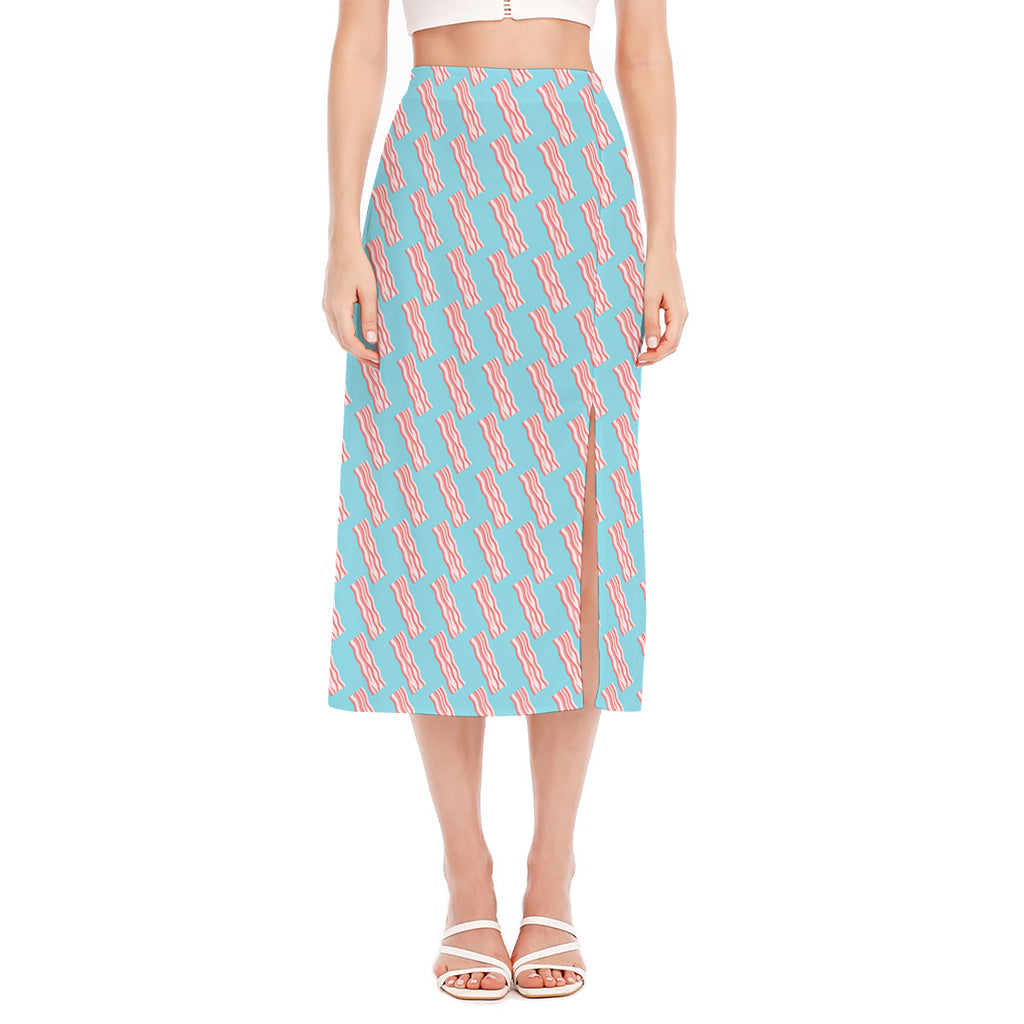 Blue Bacon Pattern Print Side Slit Midi Skirt