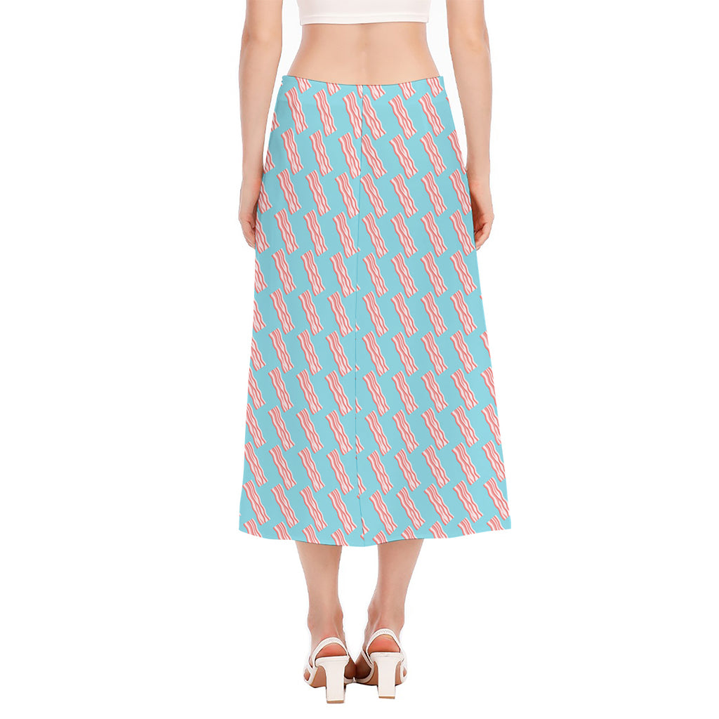 Blue Bacon Pattern Print Side Slit Midi Skirt