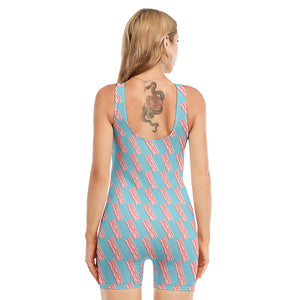 Blue Bacon Pattern Print Sleeveless One Piece Swimsuit