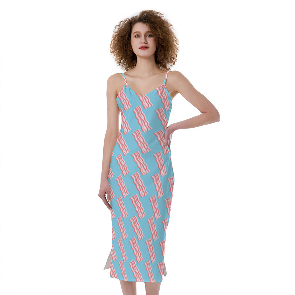 Blue Bacon Pattern Print Slim Fit Midi Cami Dress