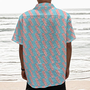 Blue Bacon Pattern Print Textured Short Sleeve Shirt