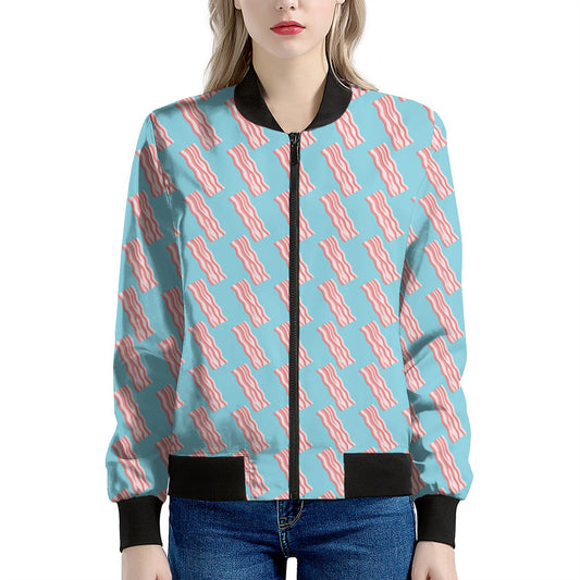 Blue Bacon Pattern Print Women's Bomber Jacket