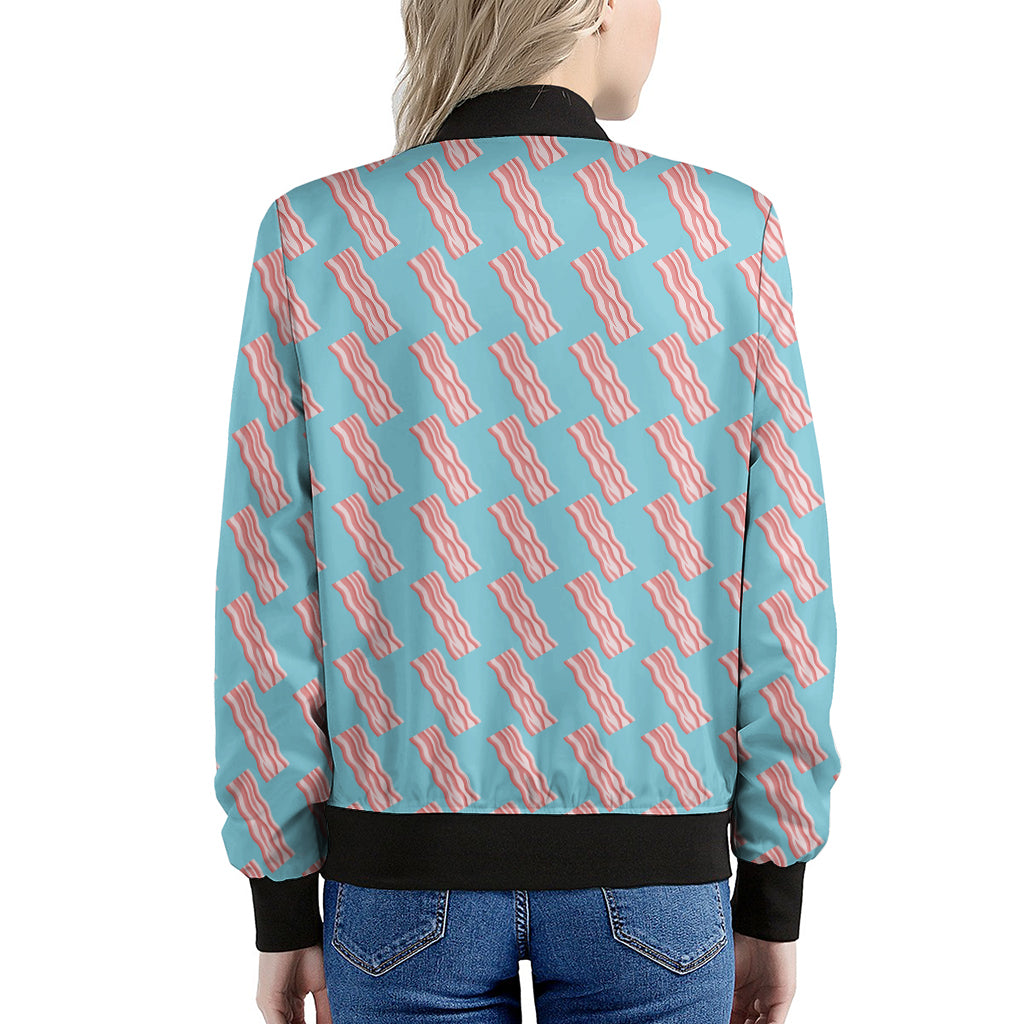 Blue Bacon Pattern Print Women's Bomber Jacket