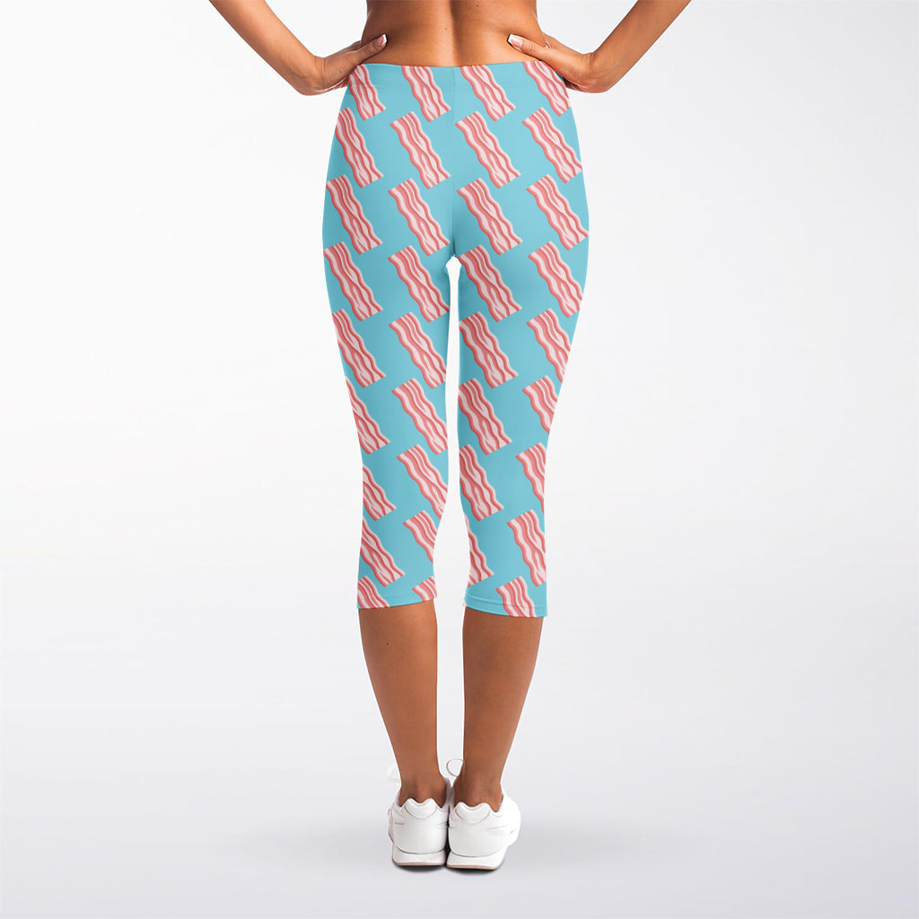 Blue Bacon Pattern Print Women's Capri Leggings