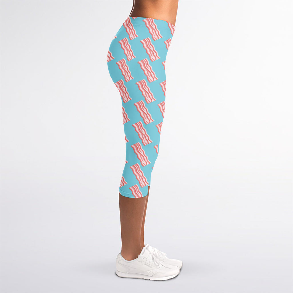 Blue Bacon Pattern Print Women's Capri Leggings