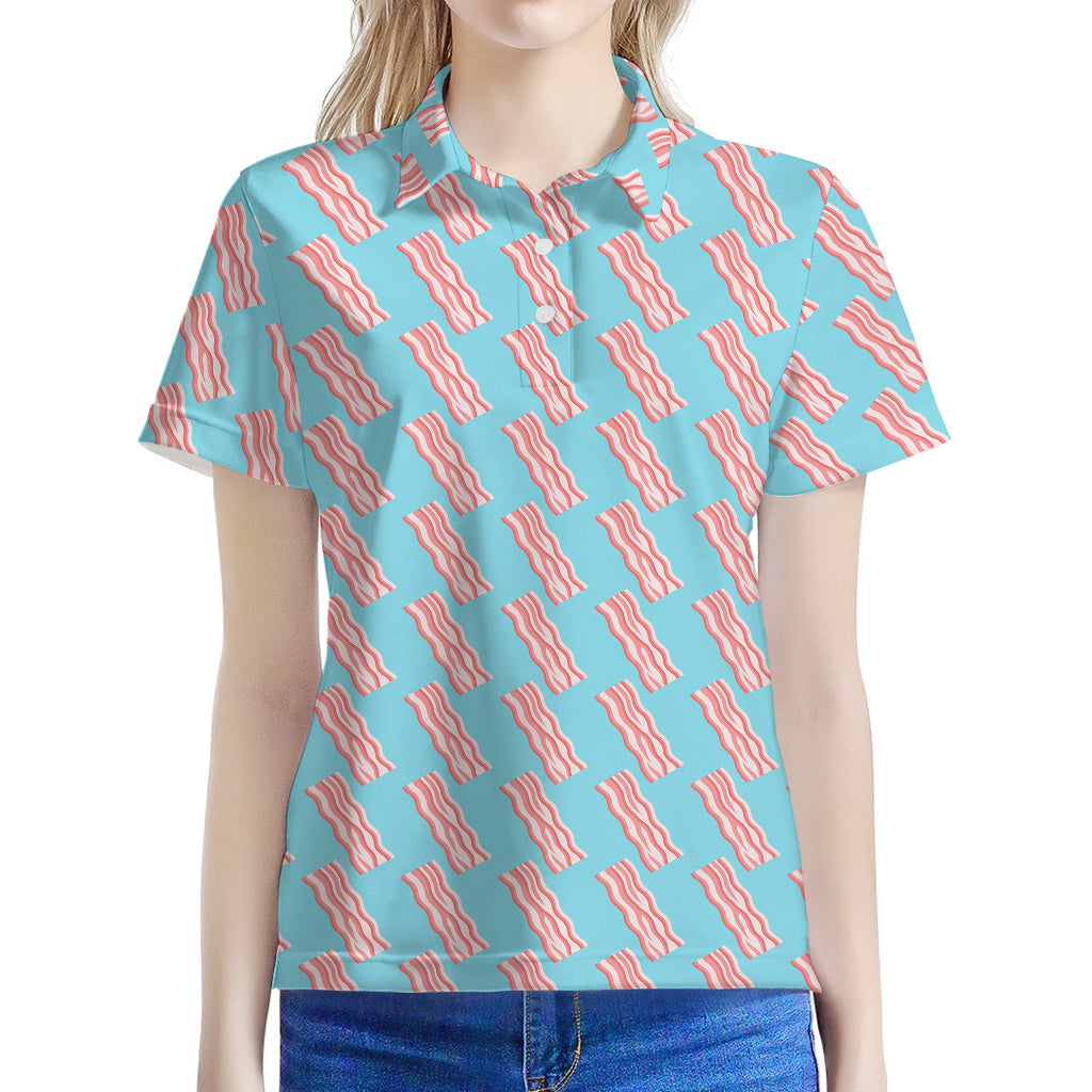 Blue Bacon Pattern Print Women's Polo Shirt